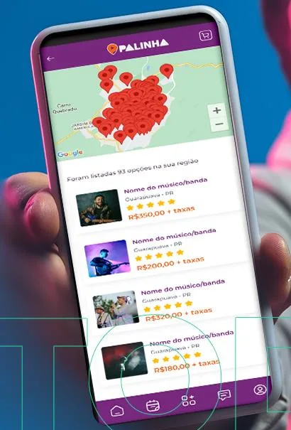 App do Palinha mostrando músicos no mapa